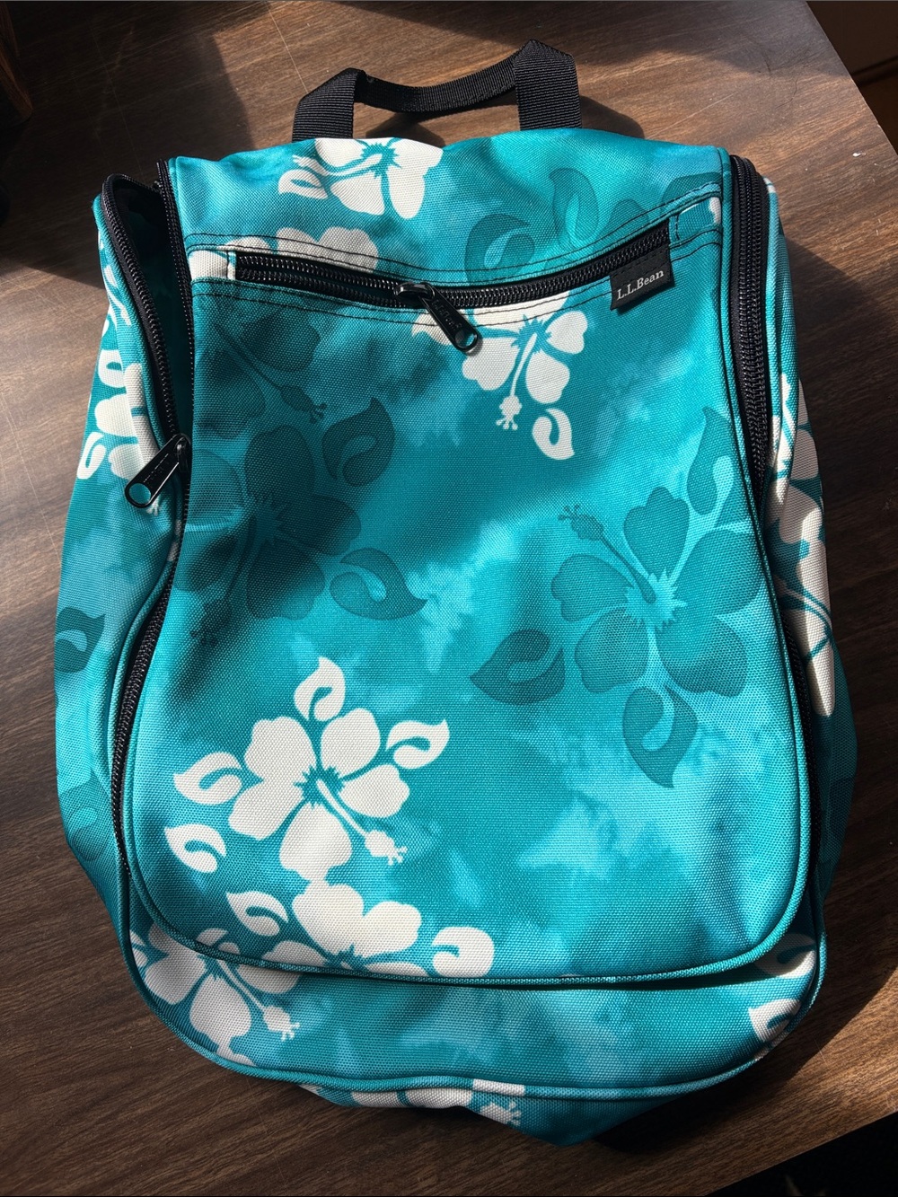 L.L. Bean Teal Floral Toiletry Bag  with White Hibiscus Print